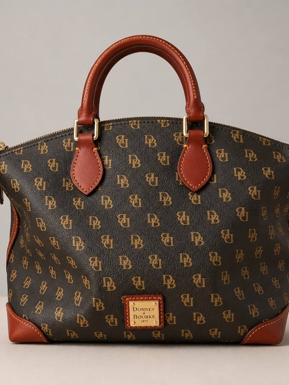 Dooney & Bourke Signature DB Monogram Satchel Brown Cognac Leather Trim - Picture 9 of 16